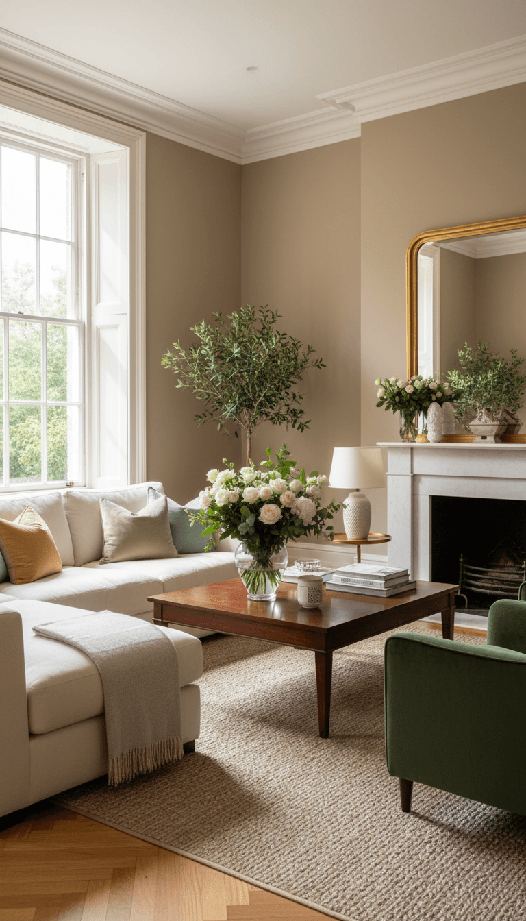Bright living room with fresh flowers and soft lighting