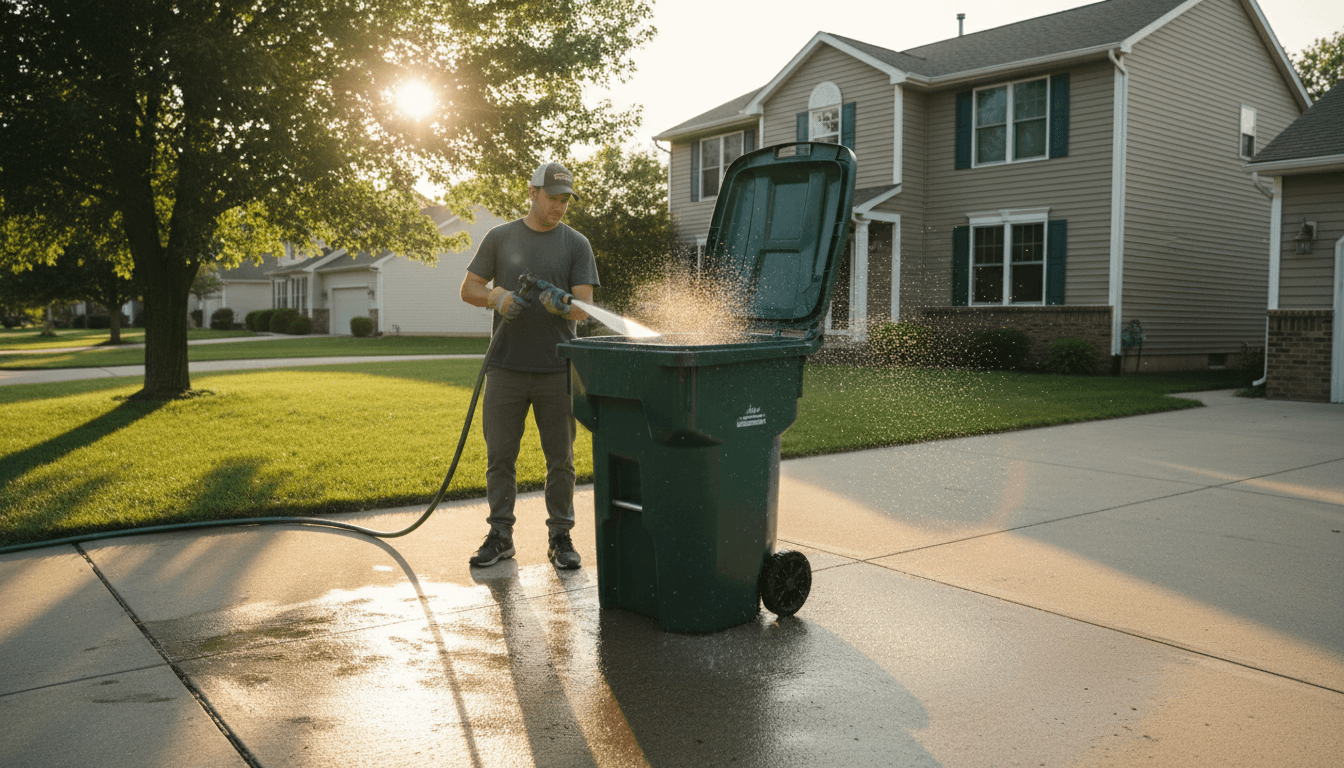 Person spraying water into open trash bin