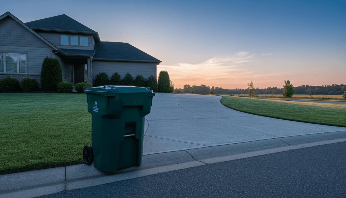 Dark green residential trash bin on wheeled curb