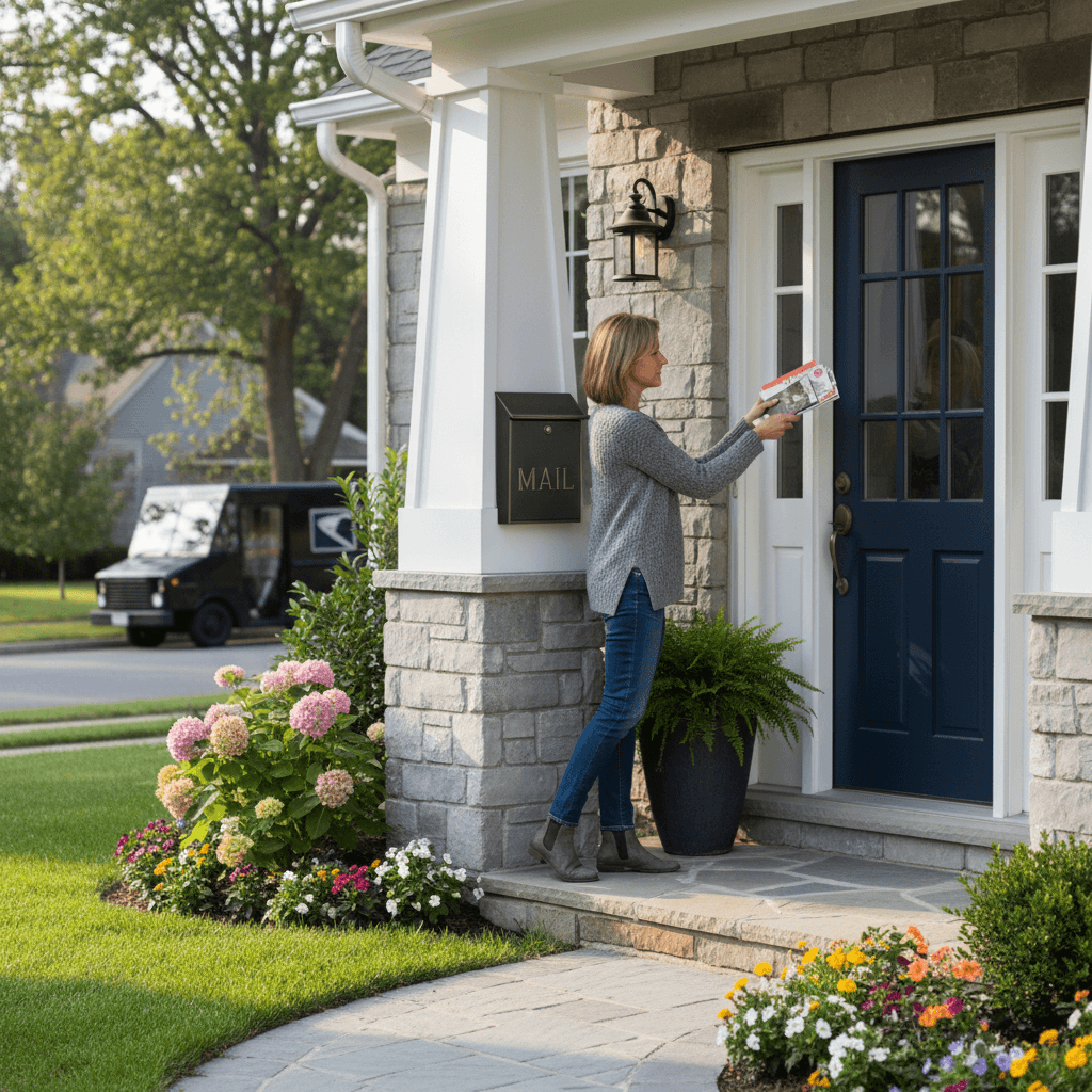 Collecting mail from a residential mailbox at a suburban home