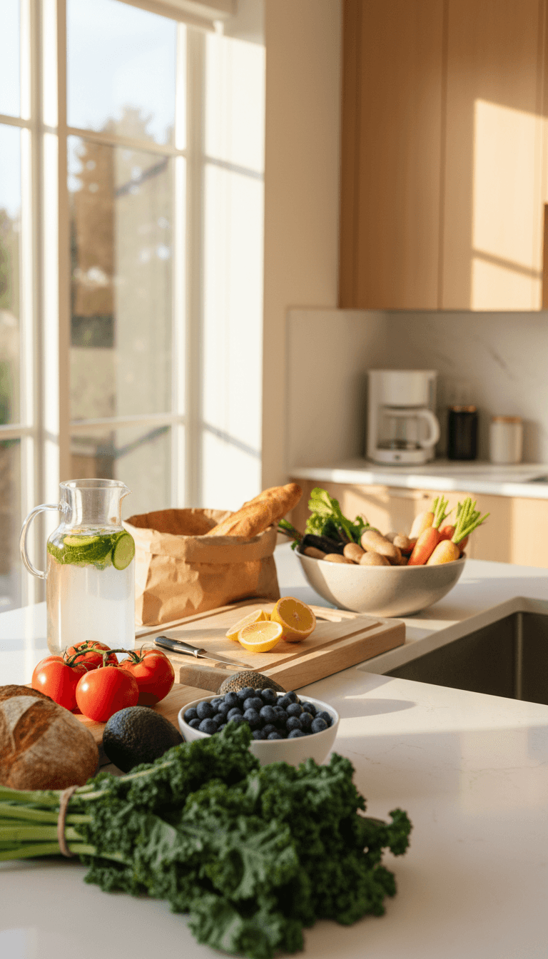 Groceries stocked on a kitchen counter