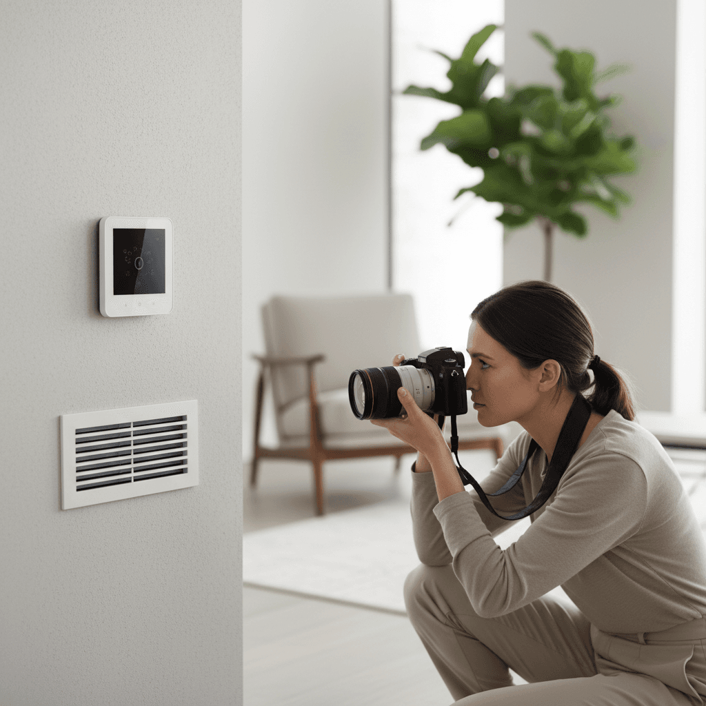 Person checking thermostat and air vent in a clean, modern home
