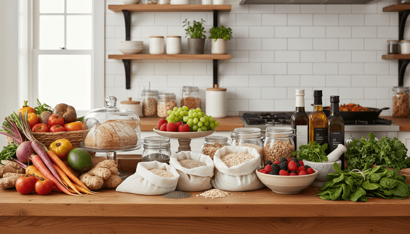Organic produce and pantry staples on a kitchen counter