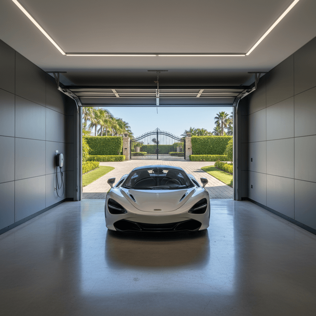 Luxury vehicle parked in a tidy residential garage