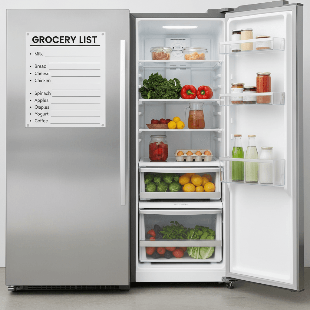 Stocked refrigerator with fresh groceries and a shopping list