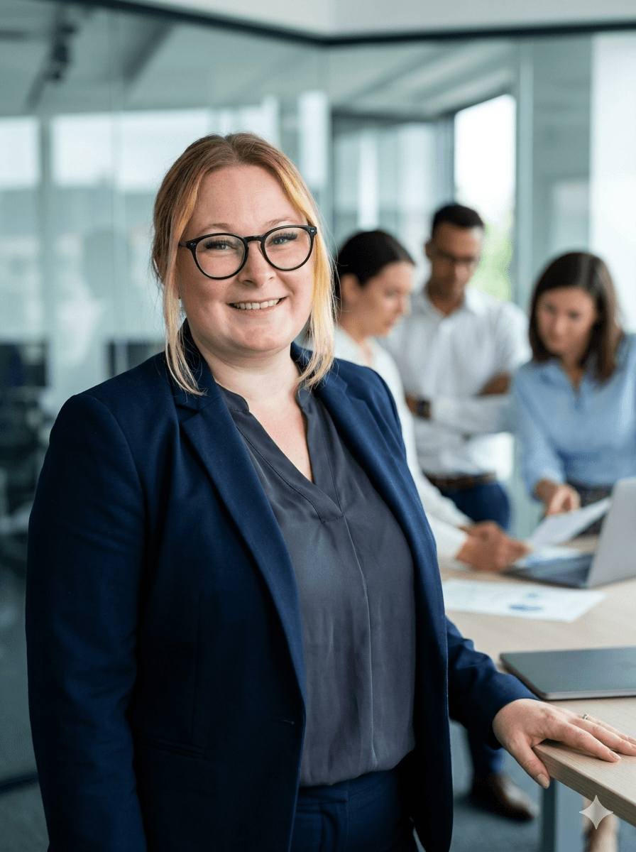 Smiling blonde businesswoman in glasses and navy blazer with colleagues working in the background.