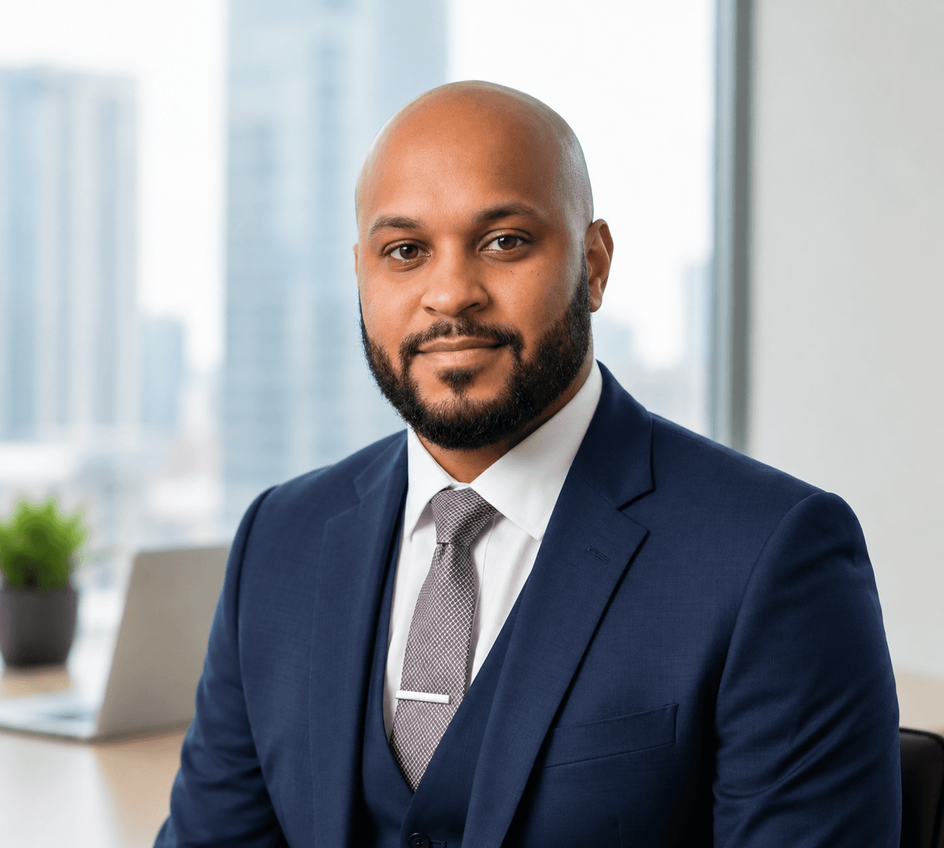 Professional bald Black man with a beard wearing a navy blue suit in an office.